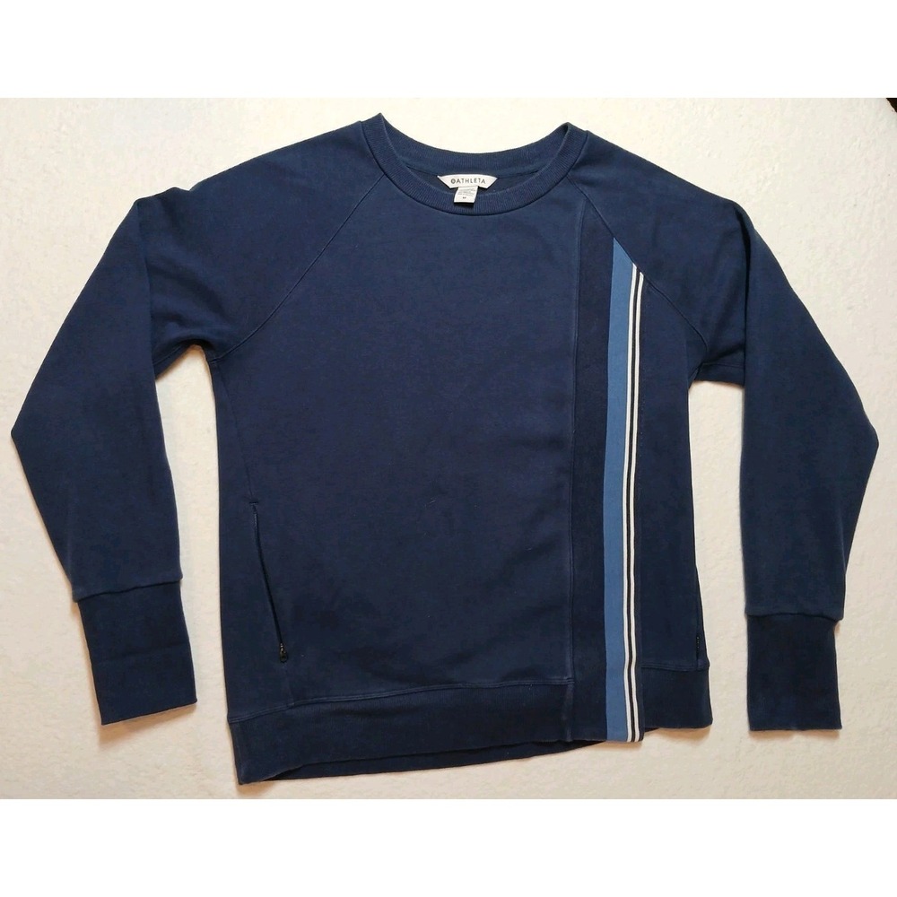 Athleta Sweatshirt Women's Size Medium Zip Pockets Blue With Race Stripe 24/7